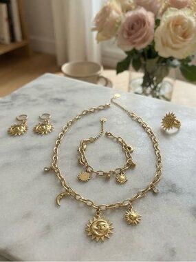 Gold Sun & Moon Charm Jewelry Set - Necklace, Bracelet, Earrings, Ring